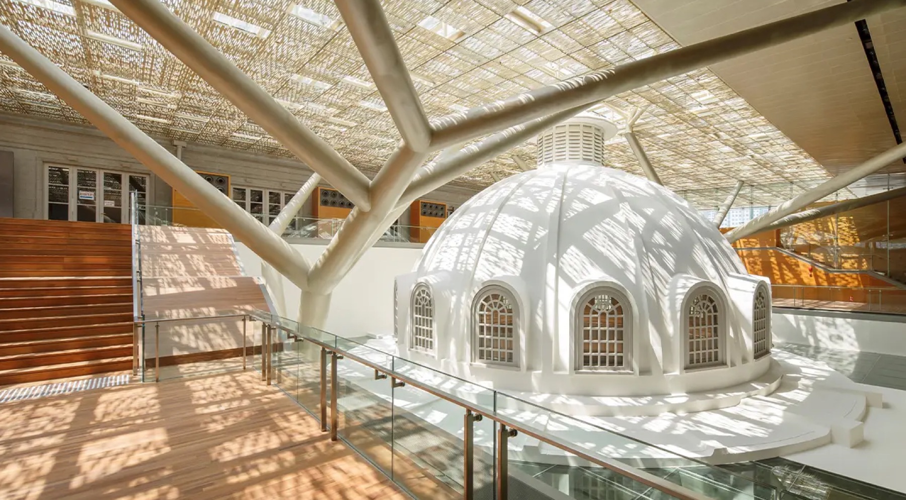 National Gallery Singapore interior with the central dome and branching white structure