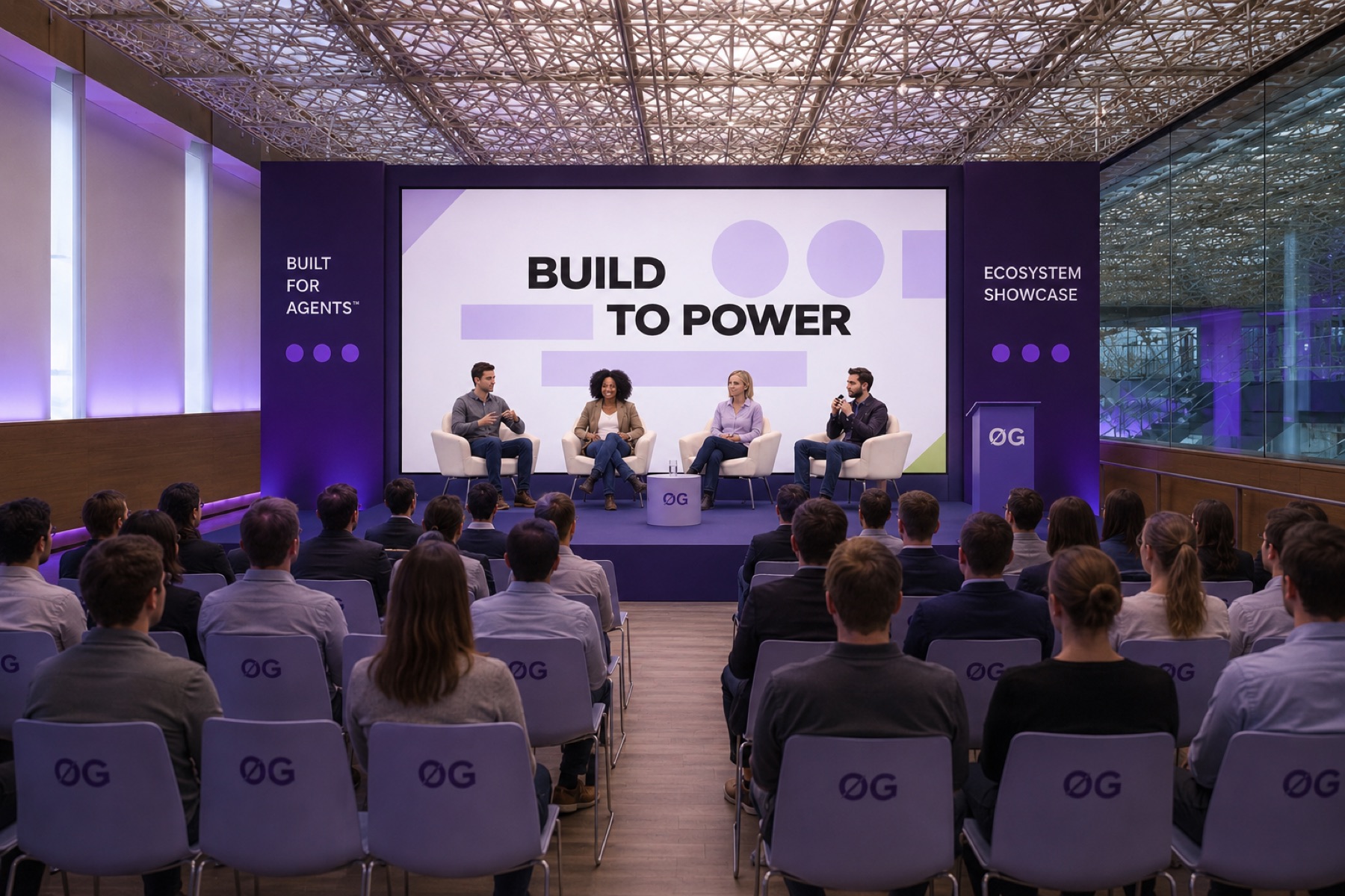 0G Dev Day speakers room with stage and audience