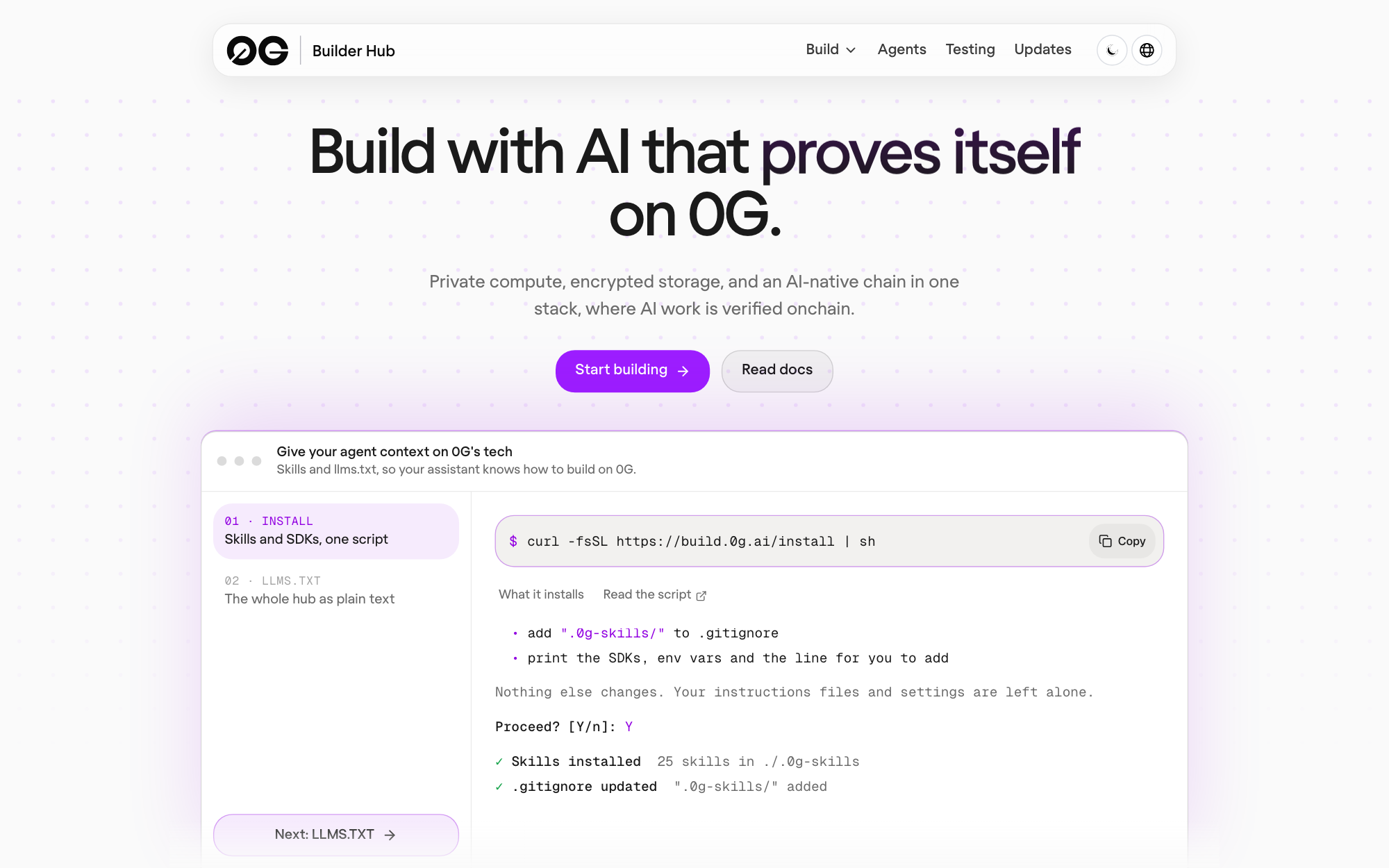 The new 0G Builder Hub homepage with the one-line install command